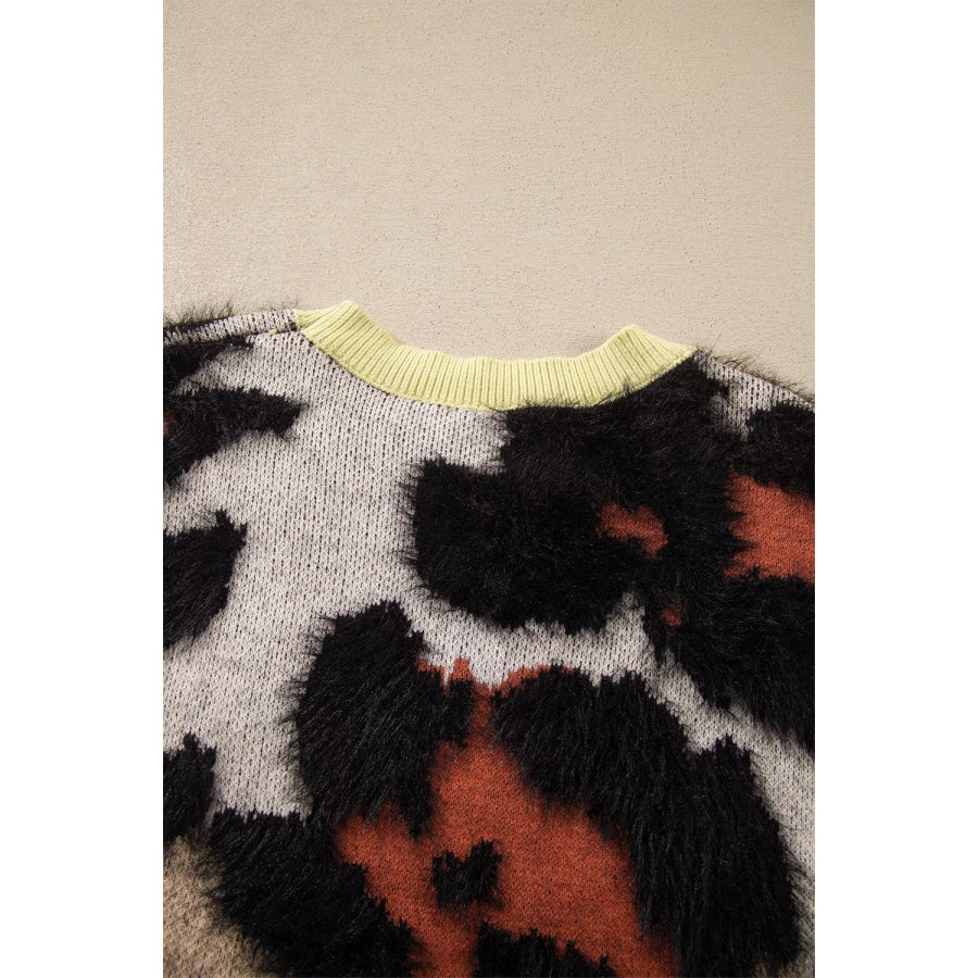 Leopard Print Drop Shoulder Long Sleeve Round Neck Sweater Apparel and Accessories