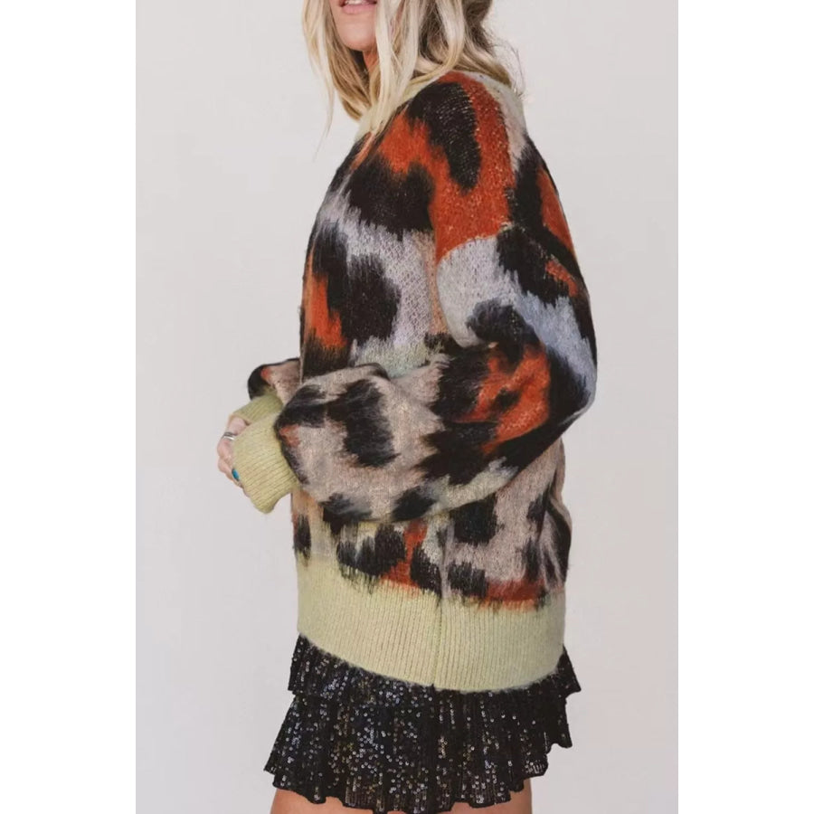 Leopard Print Drop Shoulder Long Sleeve Round Neck Sweater Apparel and Accessories