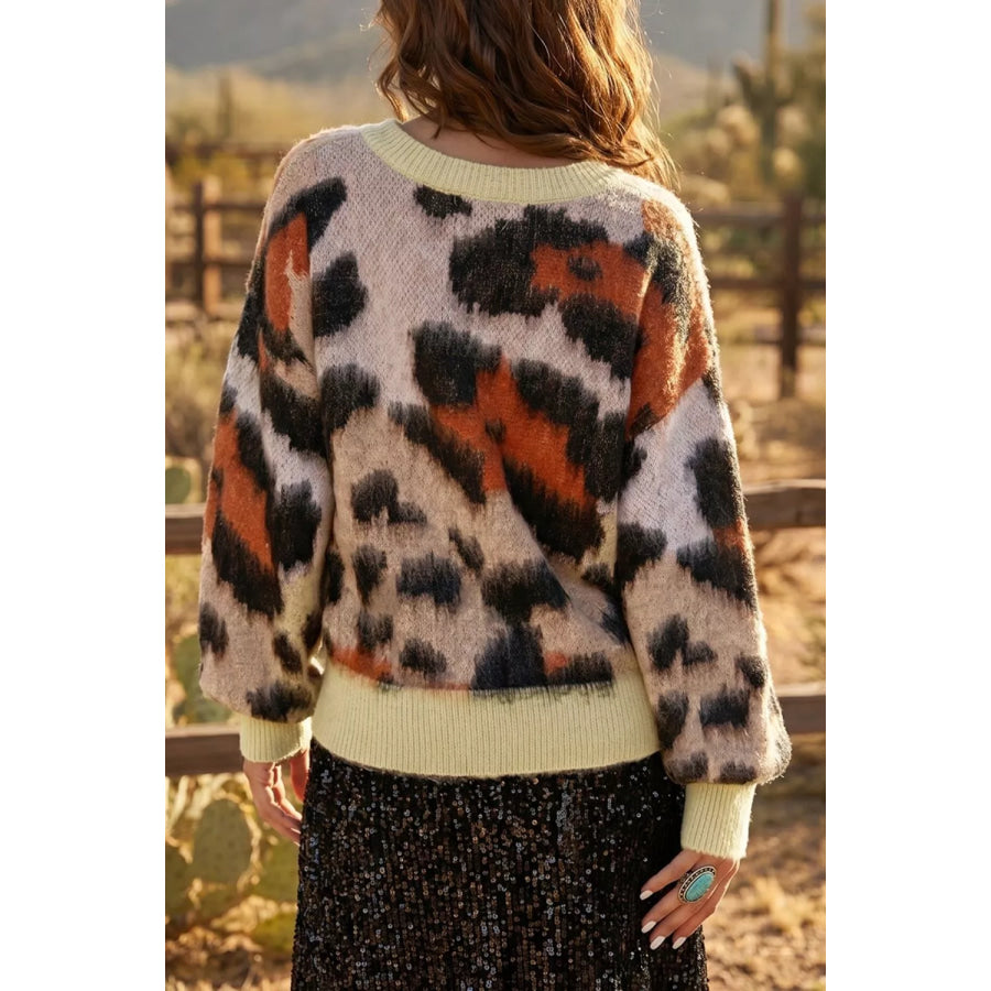 Leopard Print Drop Shoulder Long Sleeve Round Neck Sweater Apparel and Accessories