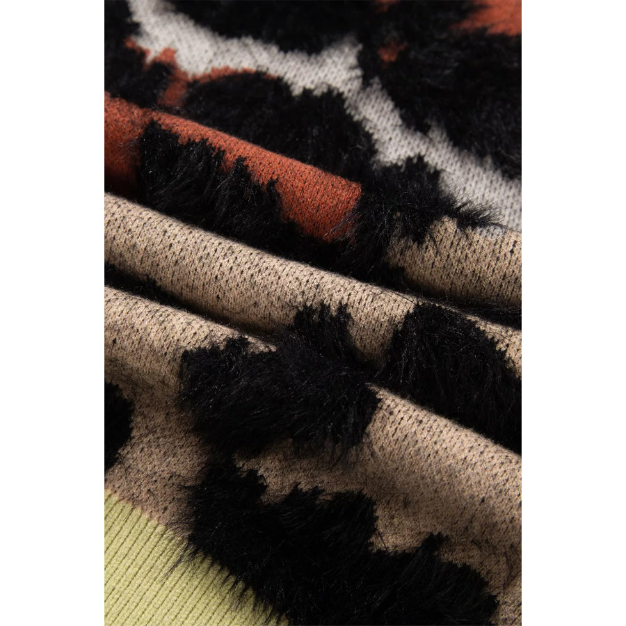 Leopard Print Drop Shoulder Long Sleeve Round Neck Sweater Apparel and Accessories