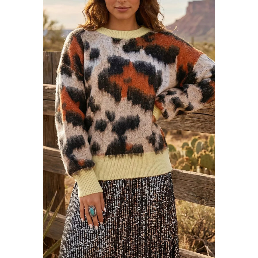 Leopard Print Drop Shoulder Long Sleeve Round Neck Sweater Floral / S Apparel and Accessories