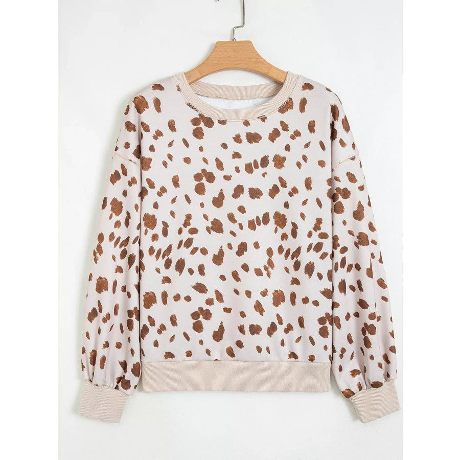Leopard Print Dropped Shoulder Round Neck Casual Sweatshirt Apparel and Accessories