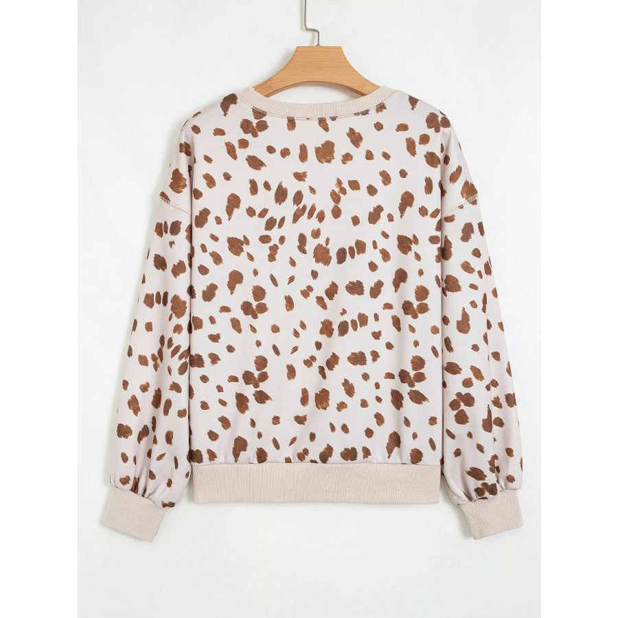 Leopard Print Dropped Shoulder Round Neck Casual Sweatshirt Apparel and Accessories