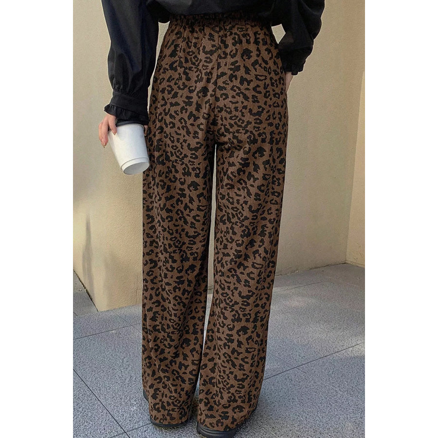 Leopard Print Elastic High Waist Loose Corduroy Pants Apparel and Accessories