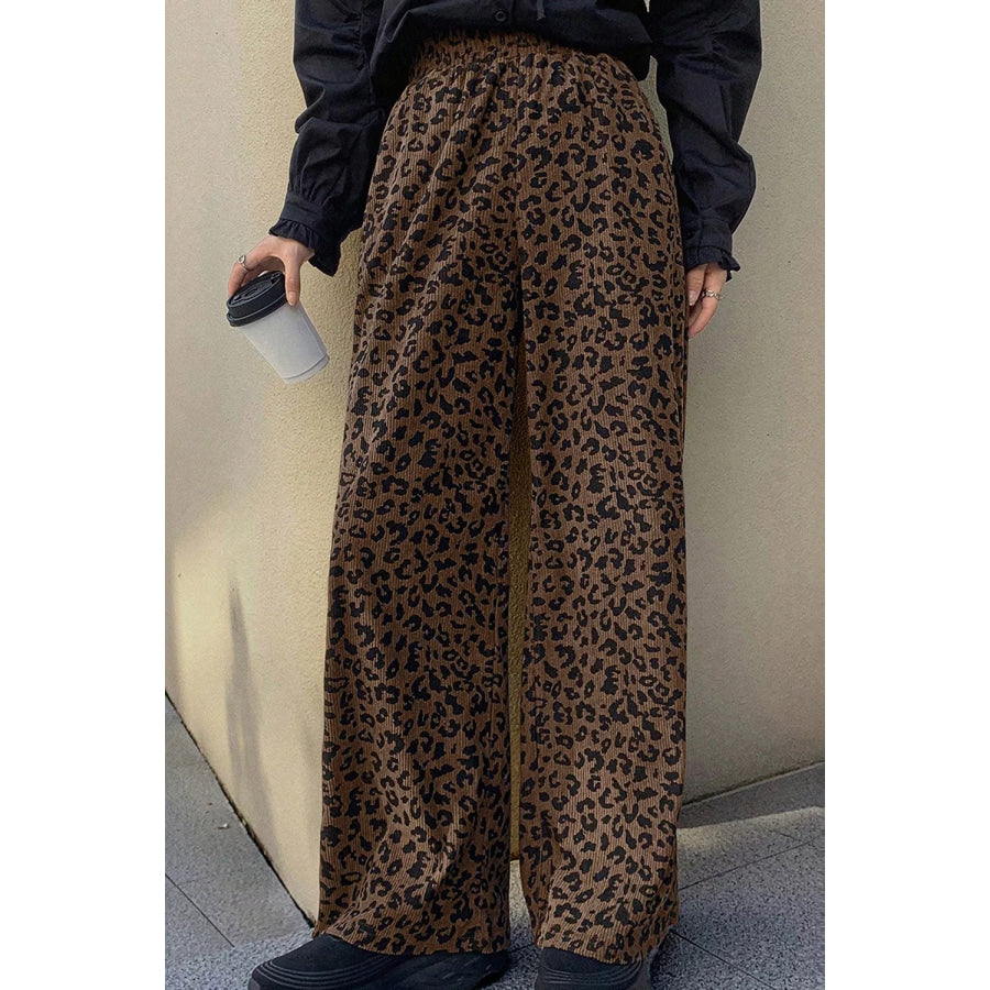 Leopard Print Elastic High Waist Loose Corduroy Pants Apparel and Accessories