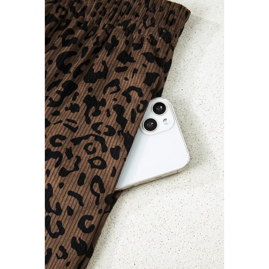 Leopard Print Elastic High Waist Loose Corduroy Pants Apparel and Accessories