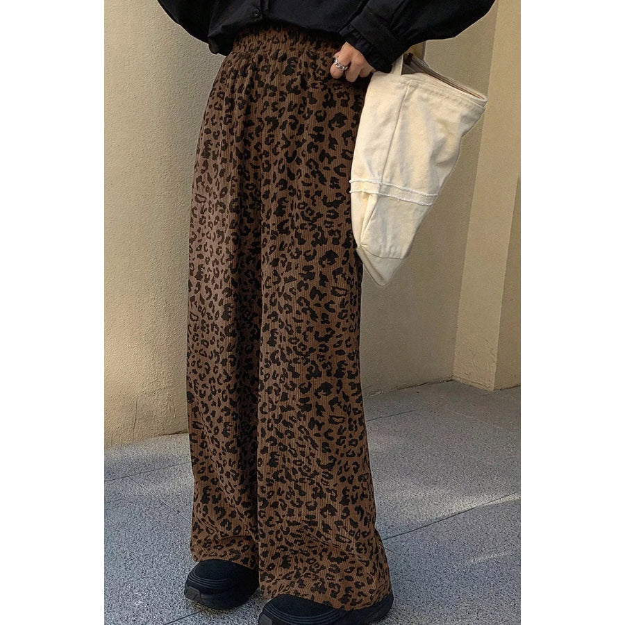 Leopard Print Elastic High Waist Loose Corduroy Pants Apparel and Accessories