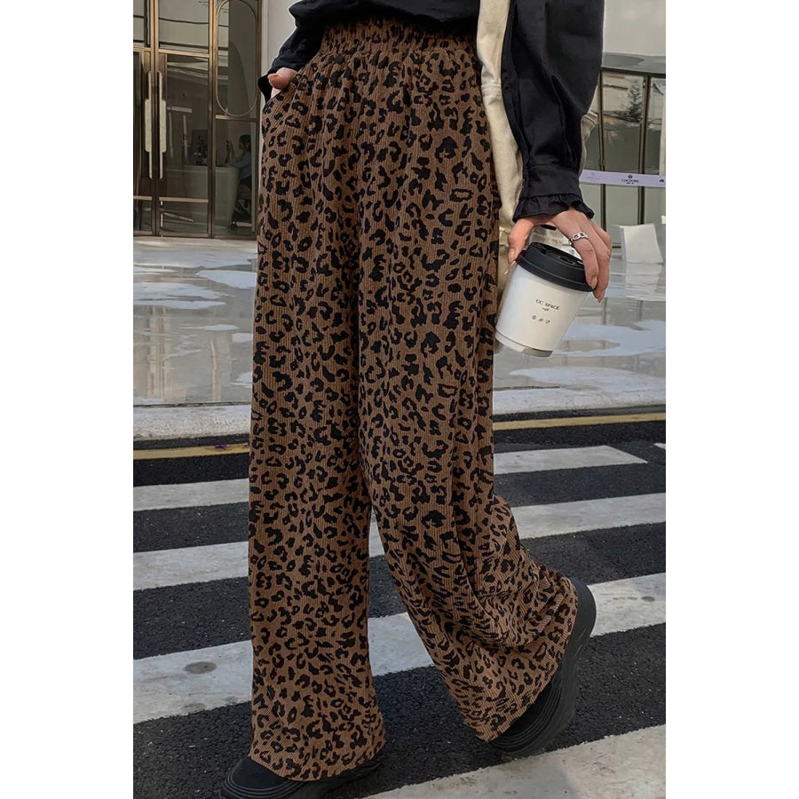 Leopard Print Elastic High Waist Loose Corduroy Pants Coffee Brown / S Apparel and Accessories
