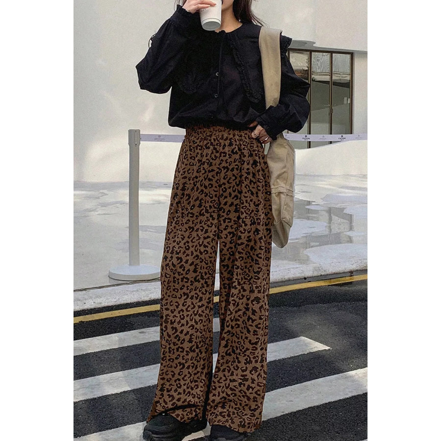 Leopard Print Elastic High Waist Loose Corduroy Pants Coffee Brown / S Apparel and Accessories