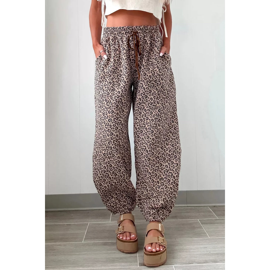 Leopard Print Elastic Waist Ankle Length Pants Apparel and Accessories