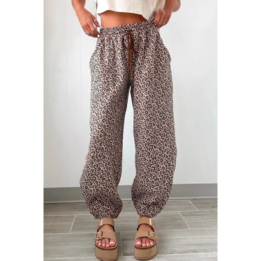 Leopard Print Elastic Waist Ankle Length Pants Coffee Brown / S Apparel and Accessories