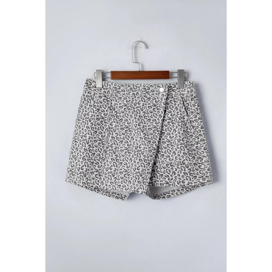 Leopard Print Elastic Waist Denim Shorts Apparel and Accessories