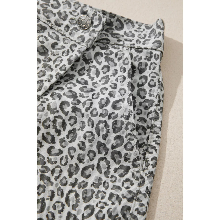 Leopard Print Elastic Waist Denim Shorts Apparel and Accessories