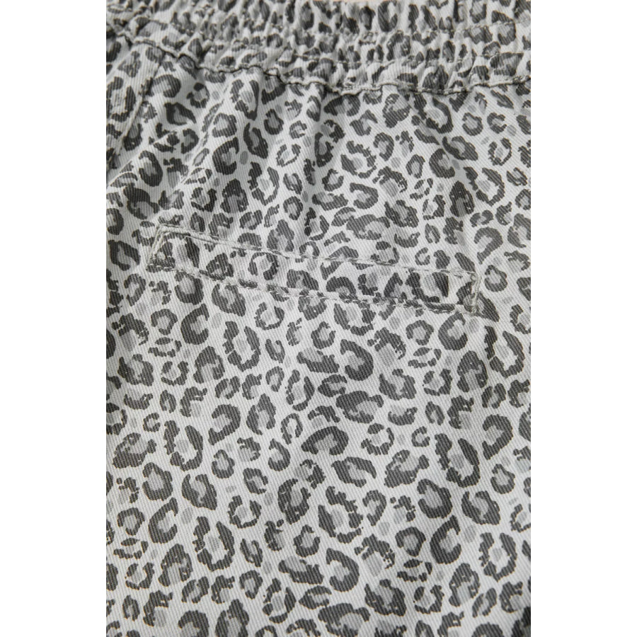 Leopard Print Elastic Waist Denim Shorts Apparel and Accessories