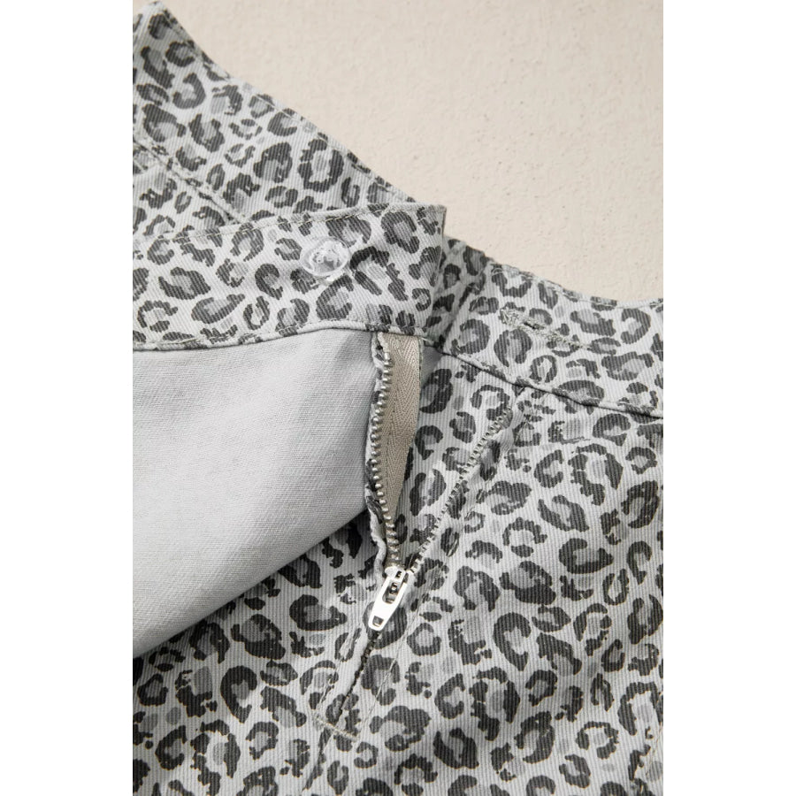 Leopard Print Elastic Waist Denim Shorts Apparel and Accessories