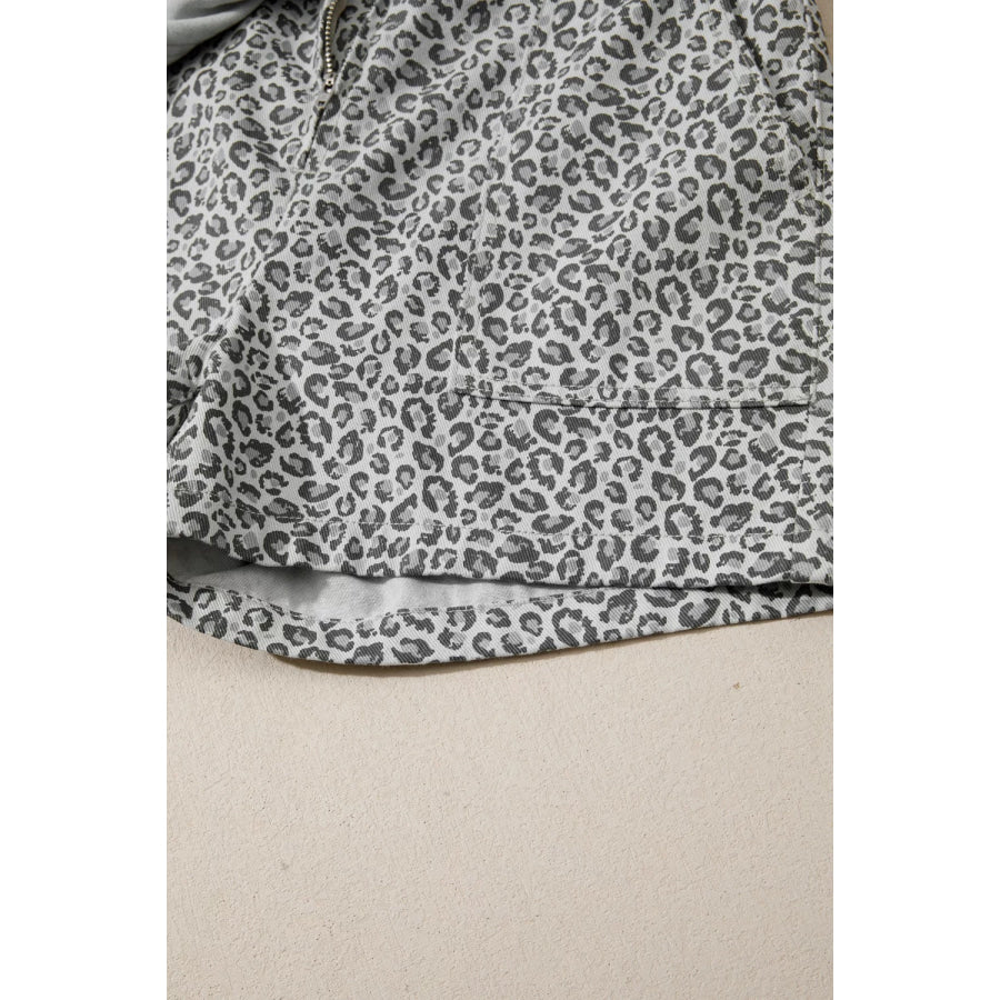 Leopard Print Elastic Waist Denim Shorts Apparel and Accessories
