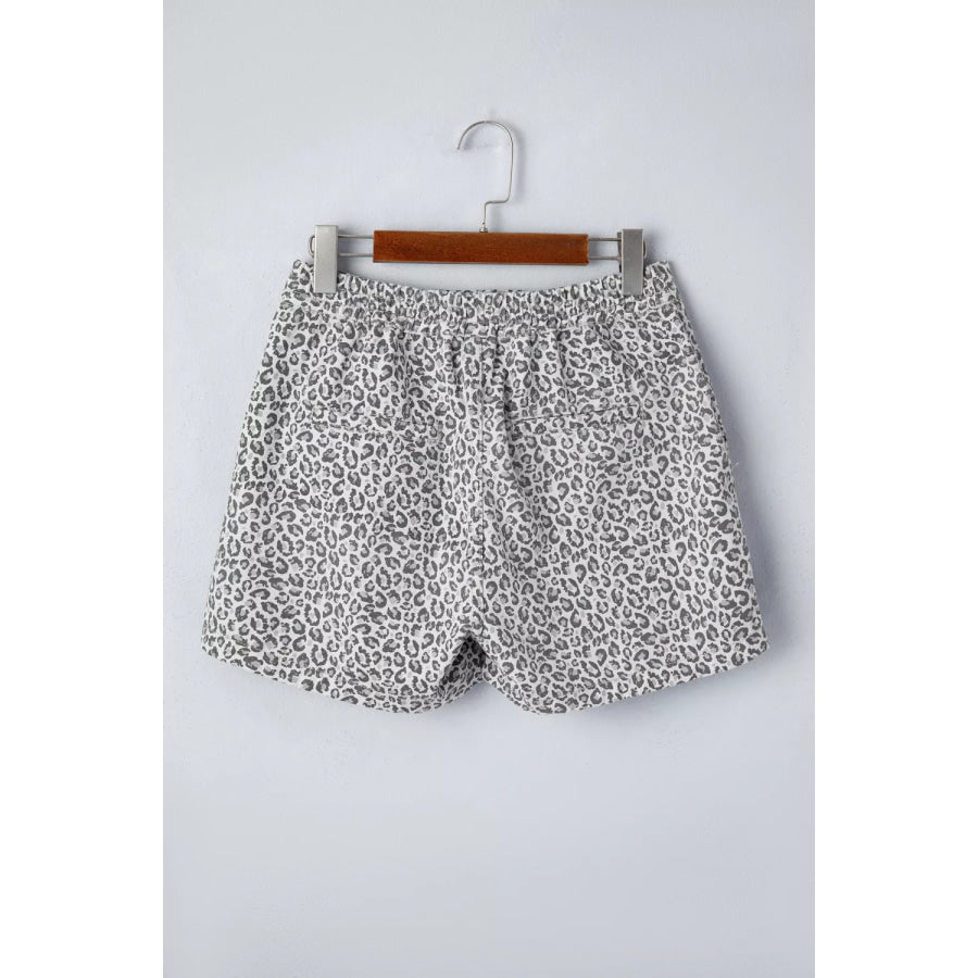 Leopard Print Elastic Waist Denim Shorts Apparel and Accessories