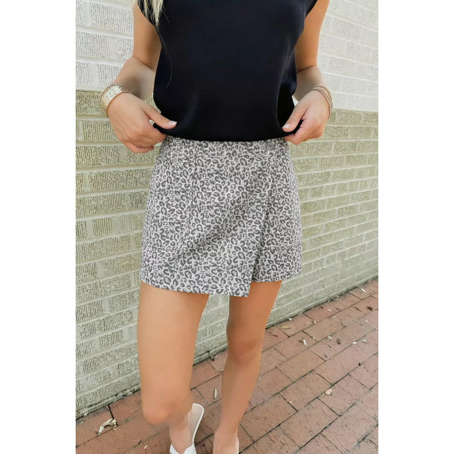 Leopard Print Elastic Waist Denim Shorts Light Gray / 4 Apparel and Accessories