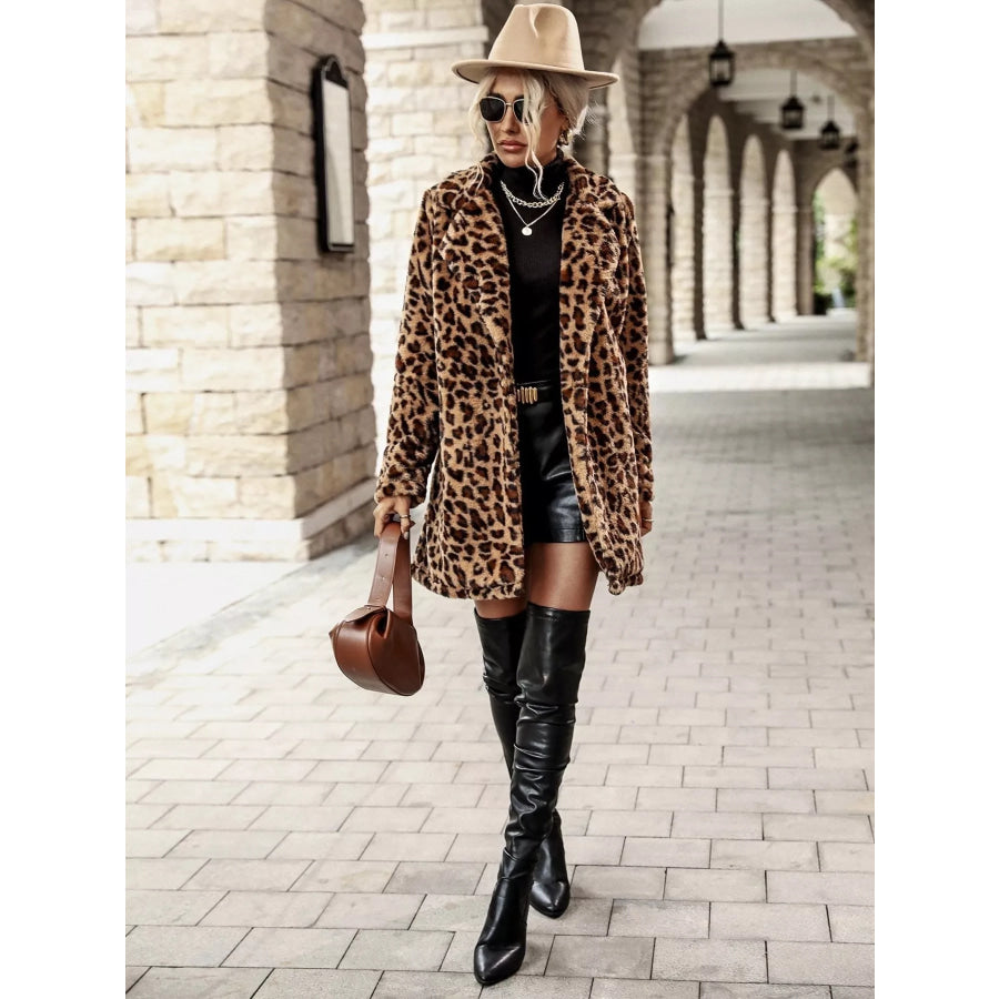 Leopard Print Faux Fur Longline Coat Apparel and Accessories