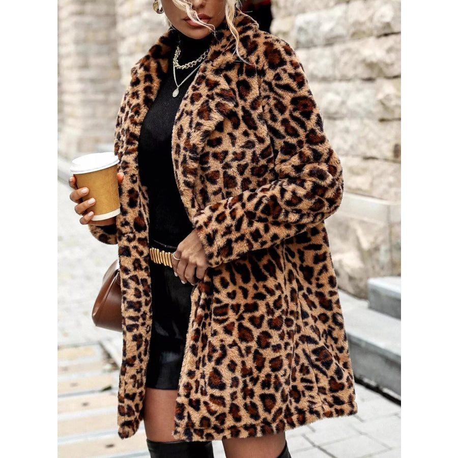 Leopard Print Faux Fur Longline Coat Apparel and Accessories