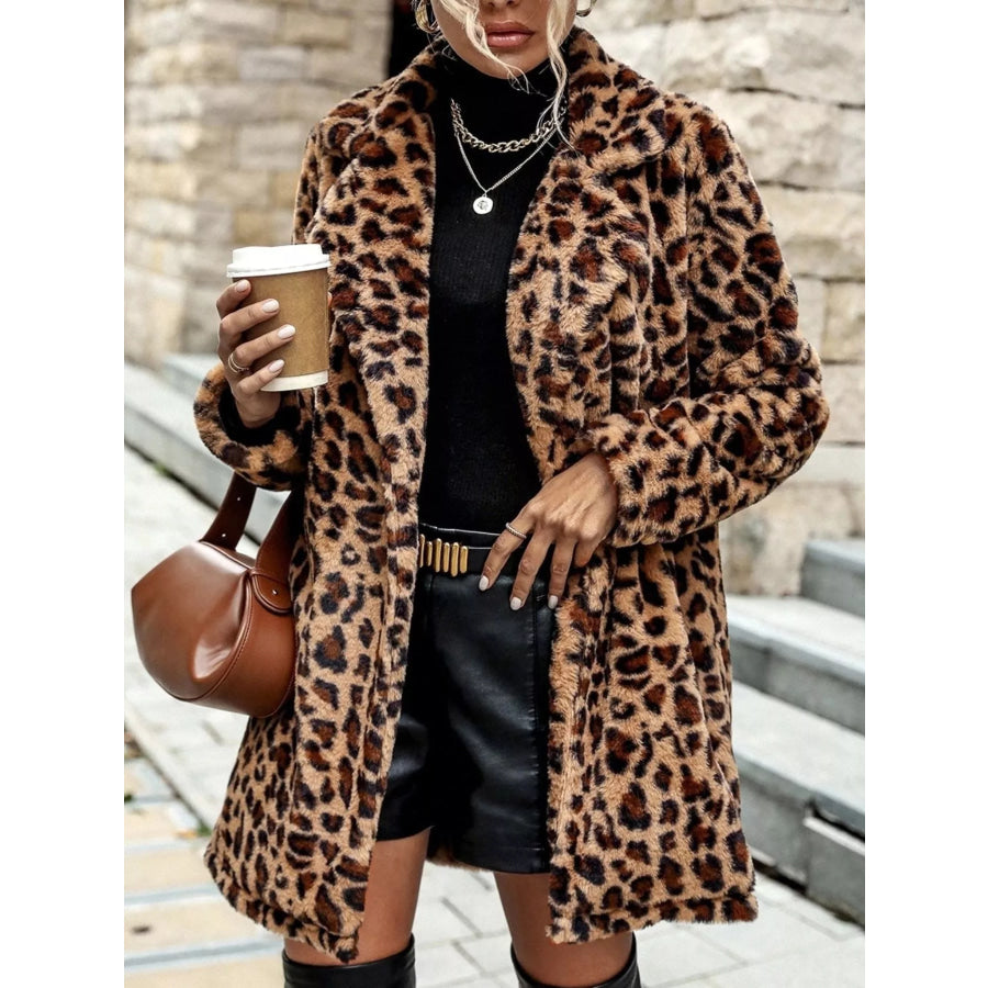 Leopard Print Faux Fur Longline Coat Apparel and Accessories