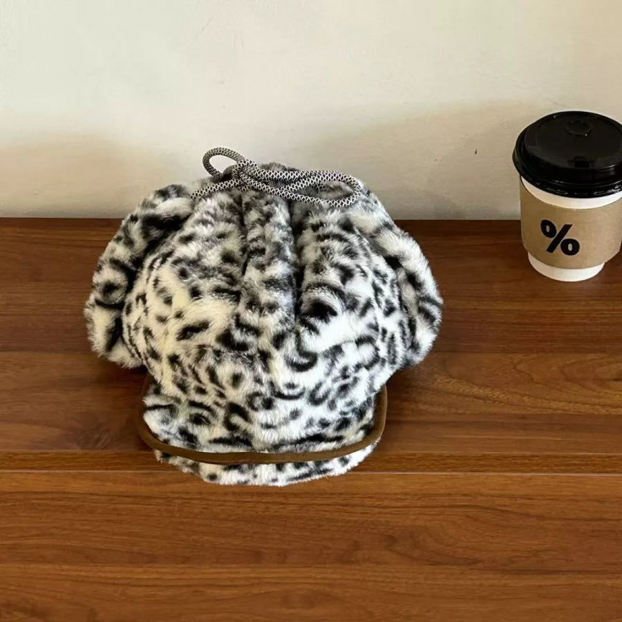 Leopard Print Faux Fur Trapper Hat Black And White / One Size Apparel and Accessories