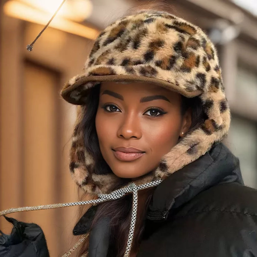 Leopard Print Faux Fur Trapper Hat Khaki / One Size Apparel and Accessories