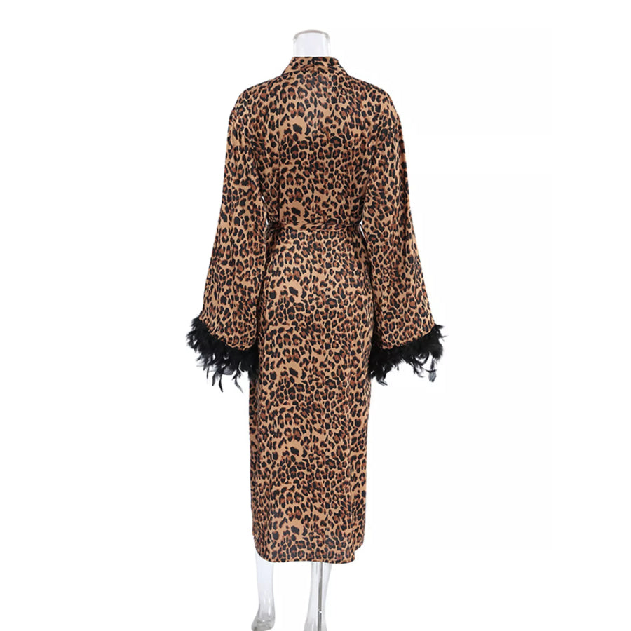 Leopard Print Feather-Trimmed Lounge Nightgown Robe Apparel and Accessories