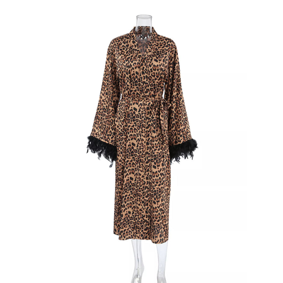 Leopard Print Feather-Trimmed Lounge Nightgown Robe Apparel and Accessories