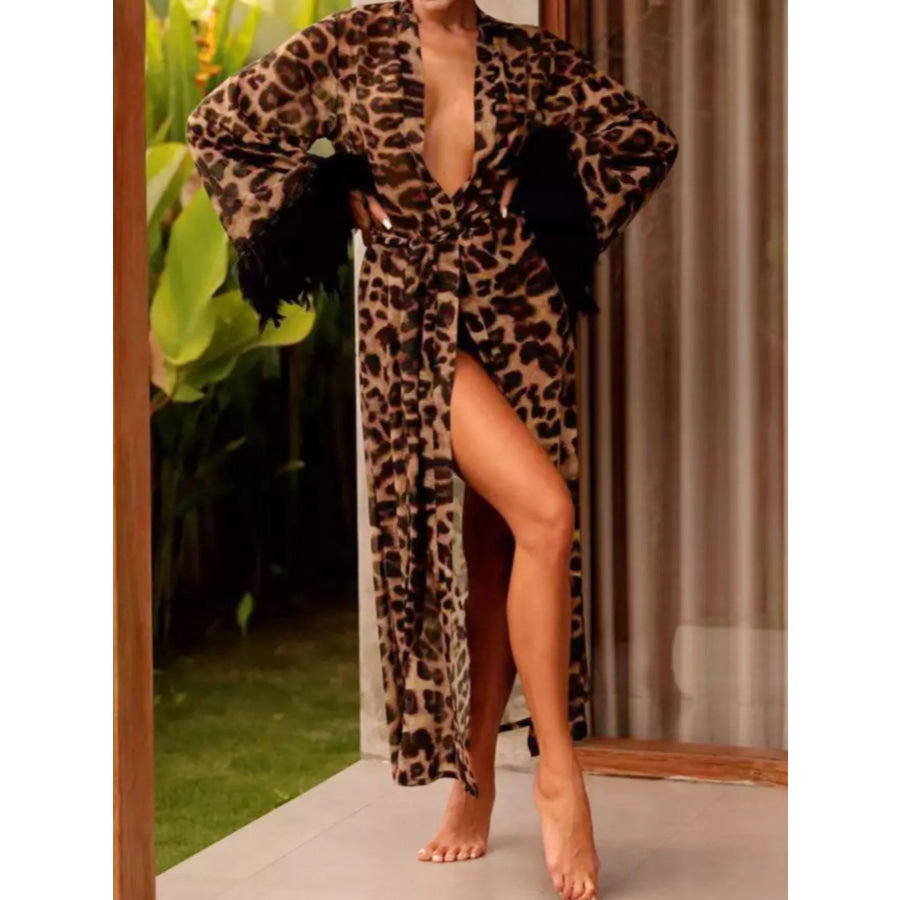 Leopard Print Feather-Trimmed Lounge Nightgown Robe Apparel and Accessories