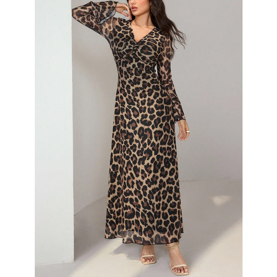 Leopard Print Flare Sleeve Maxi Dress Apparel and Accessories