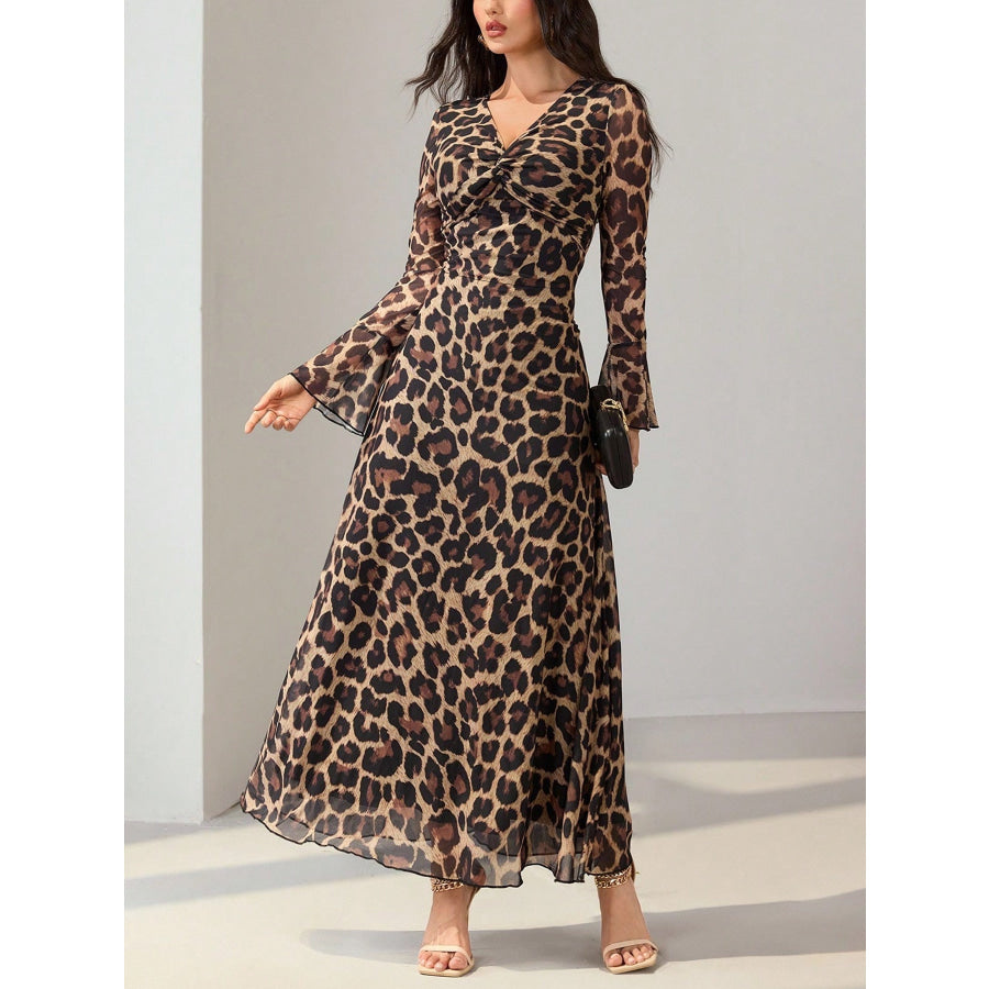 Leopard Print Flare Sleeve Maxi Dress Apparel and Accessories