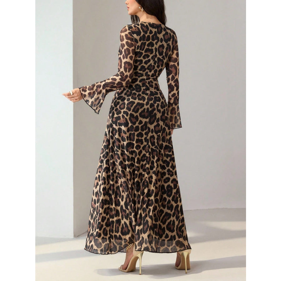 Leopard Print Flare Sleeve Maxi Dress Apparel and Accessories