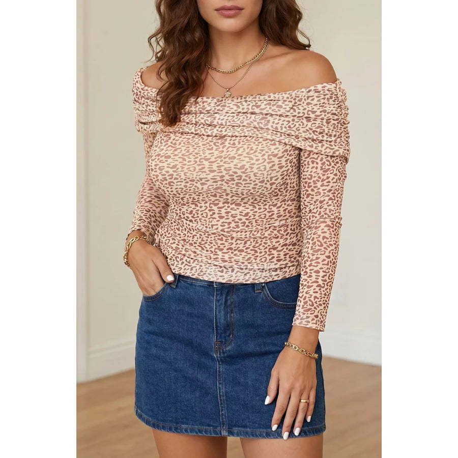 Leopard Print Foldover Off Shoulder Long Sleeve Mesh Top Apparel and Accessories