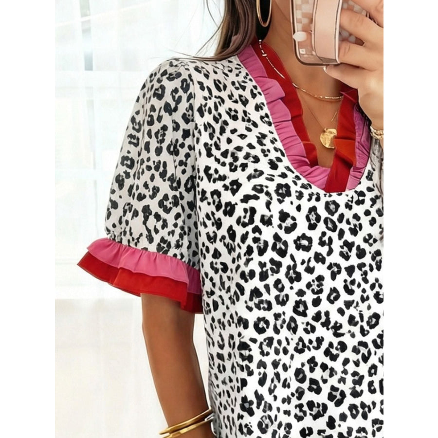 Leopard Print Frill Short Sleeve Blouse Apparel and Accessories