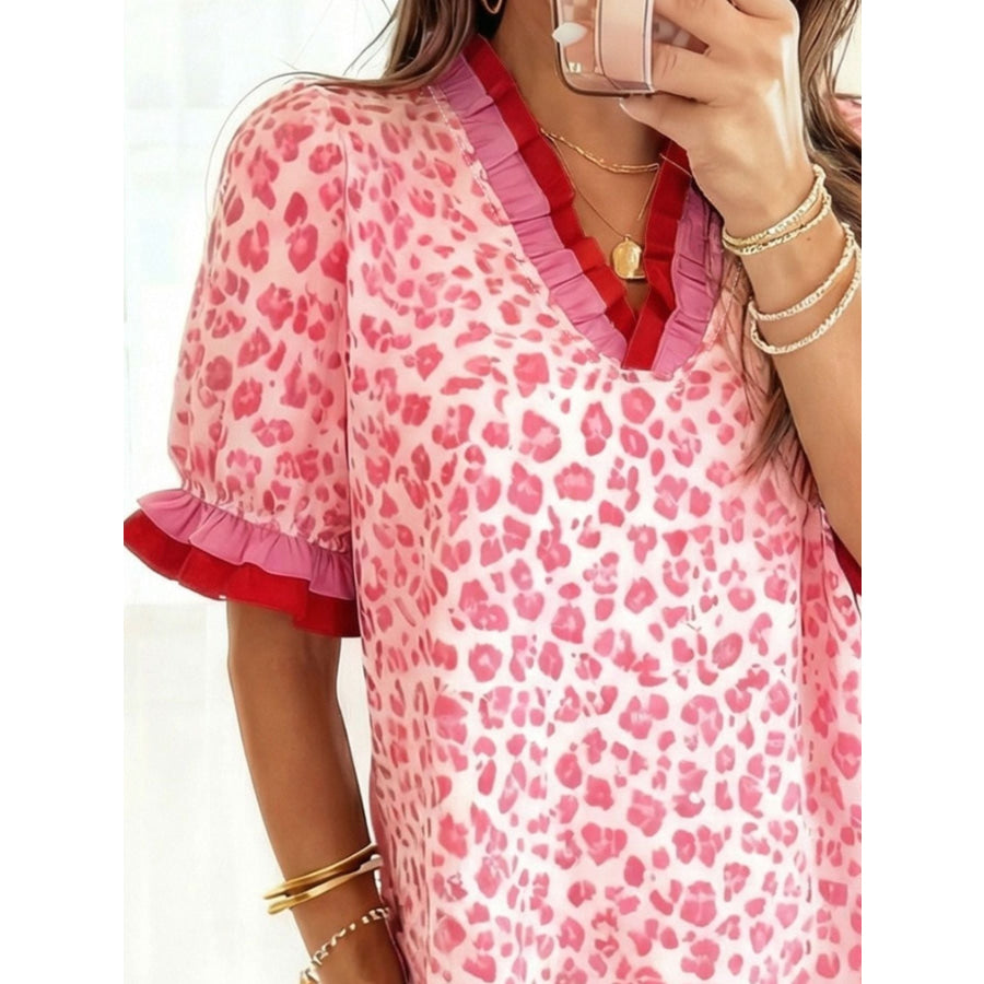 Leopard Print Frill Short Sleeve Blouse Apparel and Accessories