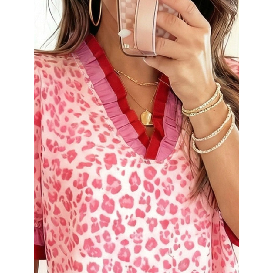 Leopard Print Frill Short Sleeve Blouse Apparel and Accessories