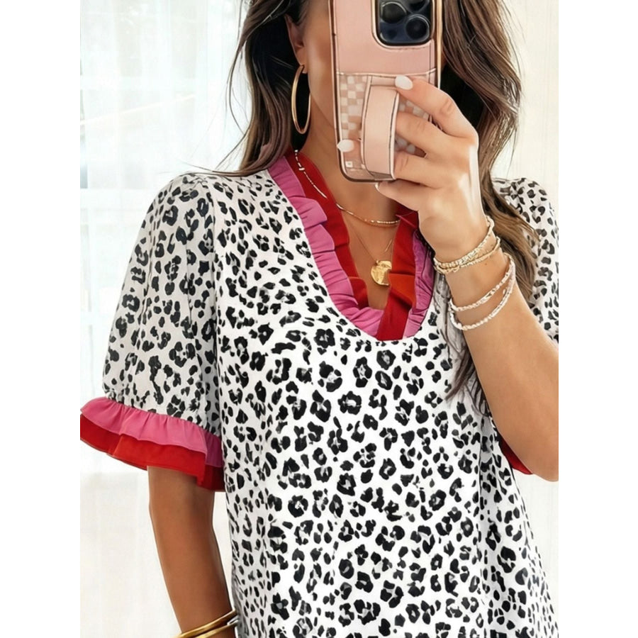 Leopard Print Frill Short Sleeve Blouse Apparel and Accessories