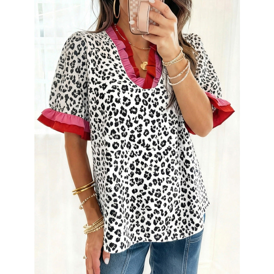 Leopard Print Frill Short Sleeve Blouse Black / S Apparel and Accessories