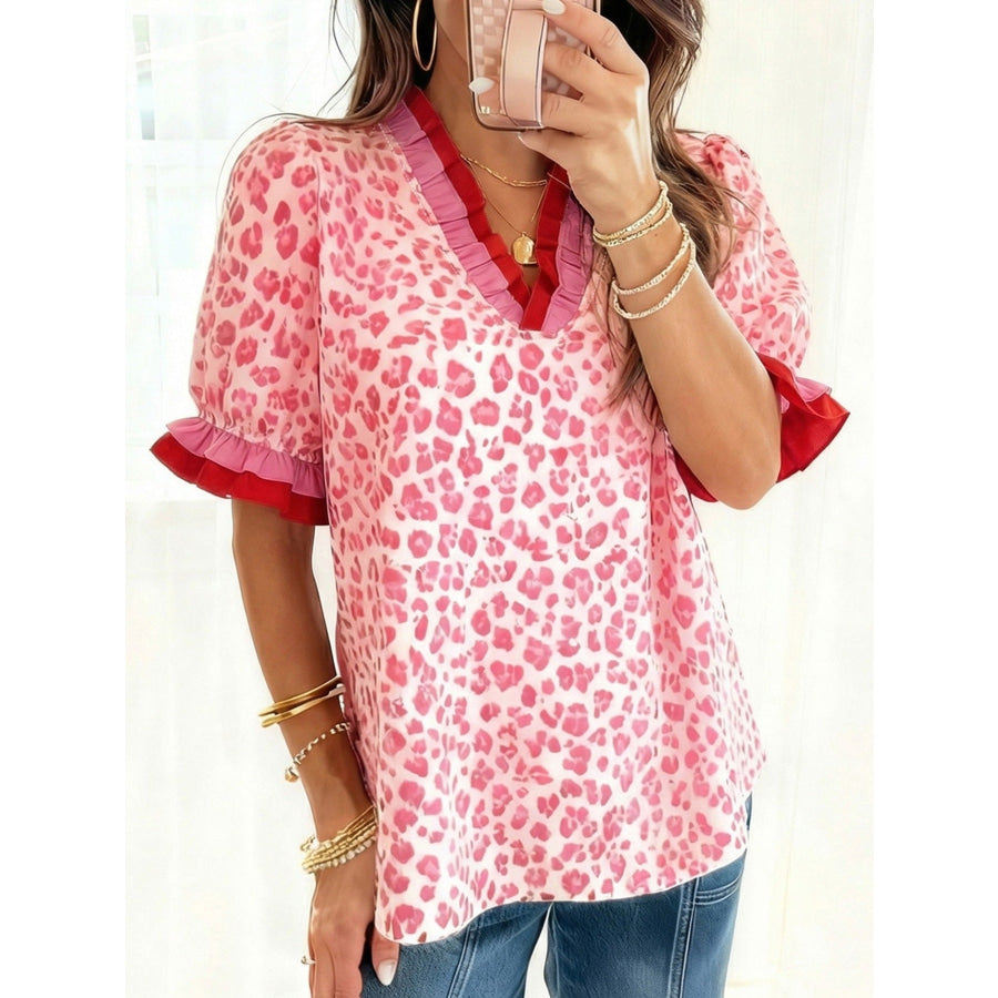 Leopard Print Frill Short Sleeve Blouse Strawberry / S Apparel and Accessories