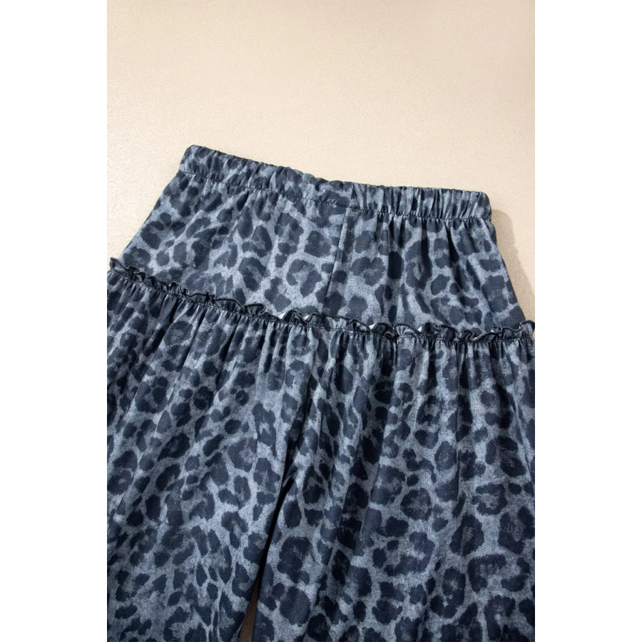 Leopard Print Frilled Detail Drawstring Wide Leg Pants Apparel and Accessories