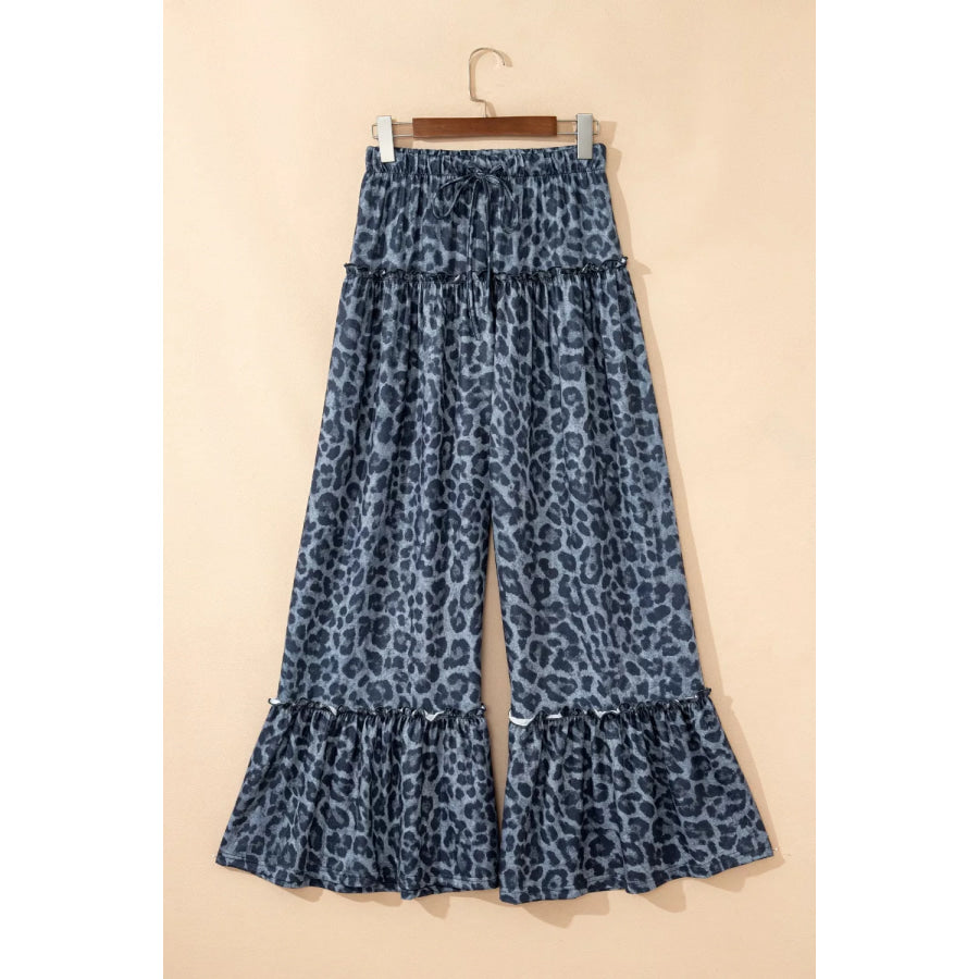 Leopard Print Frilled Detail Drawstring Wide Leg Pants Dark Navy / S Apparel and Accessories