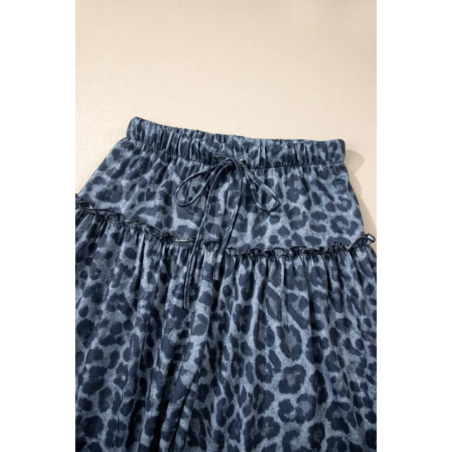 Leopard Print Frilled Detail Drawstring Wide Leg Pants Apparel and Accessories