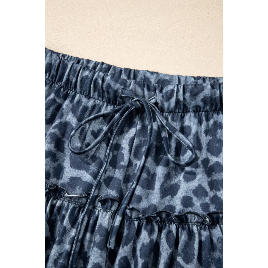 Leopard Print Frilled Detail Drawstring Wide Leg Pants Apparel and Accessories