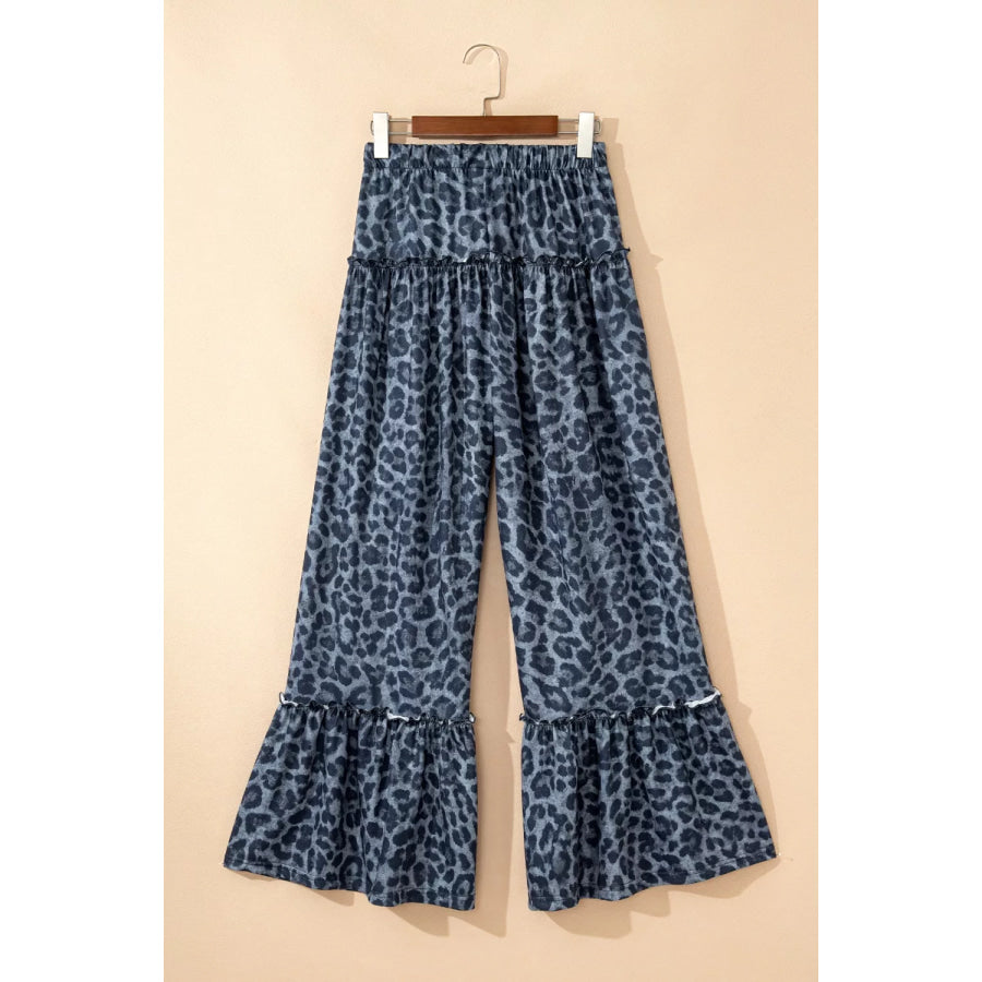 Leopard Print Frilled Detail Drawstring Wide Leg Pants Apparel and Accessories