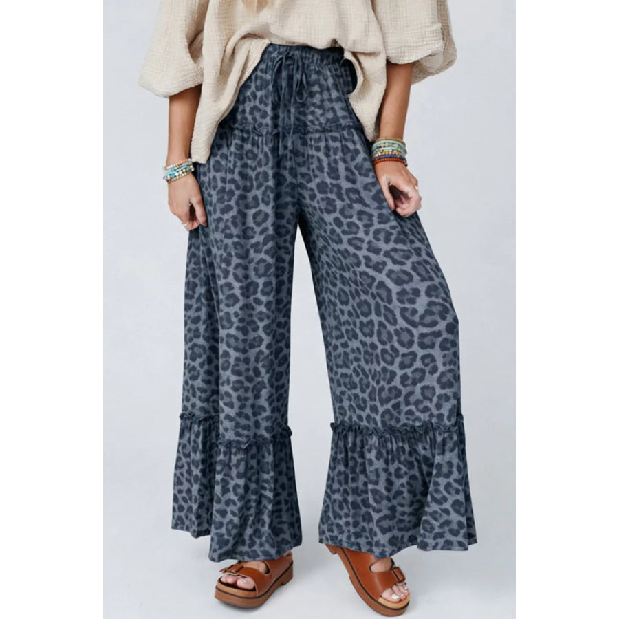 Leopard Print Frilled Detail Drawstring Wide Leg Pants Dark Navy / S Apparel and Accessories