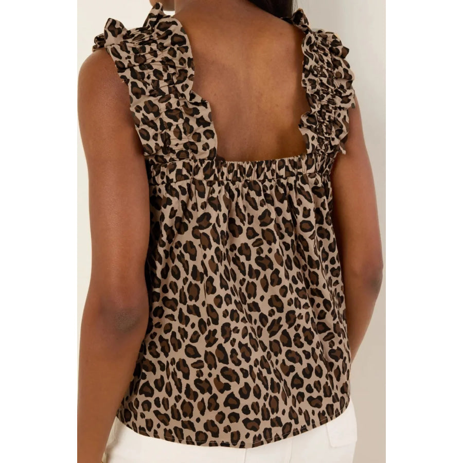 Leopard Print Frilled Square Neck Tank Top Apparel and Accessories