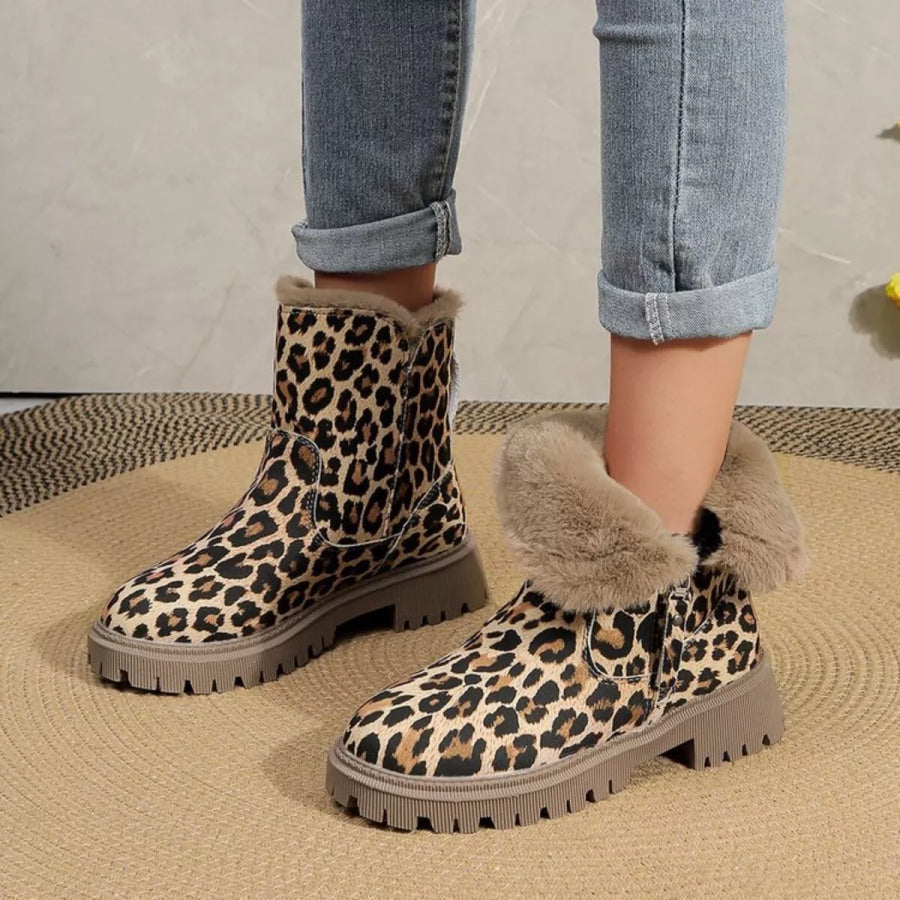 Leopard Print Fur Lined Ankle Boots Apparel and Accessories