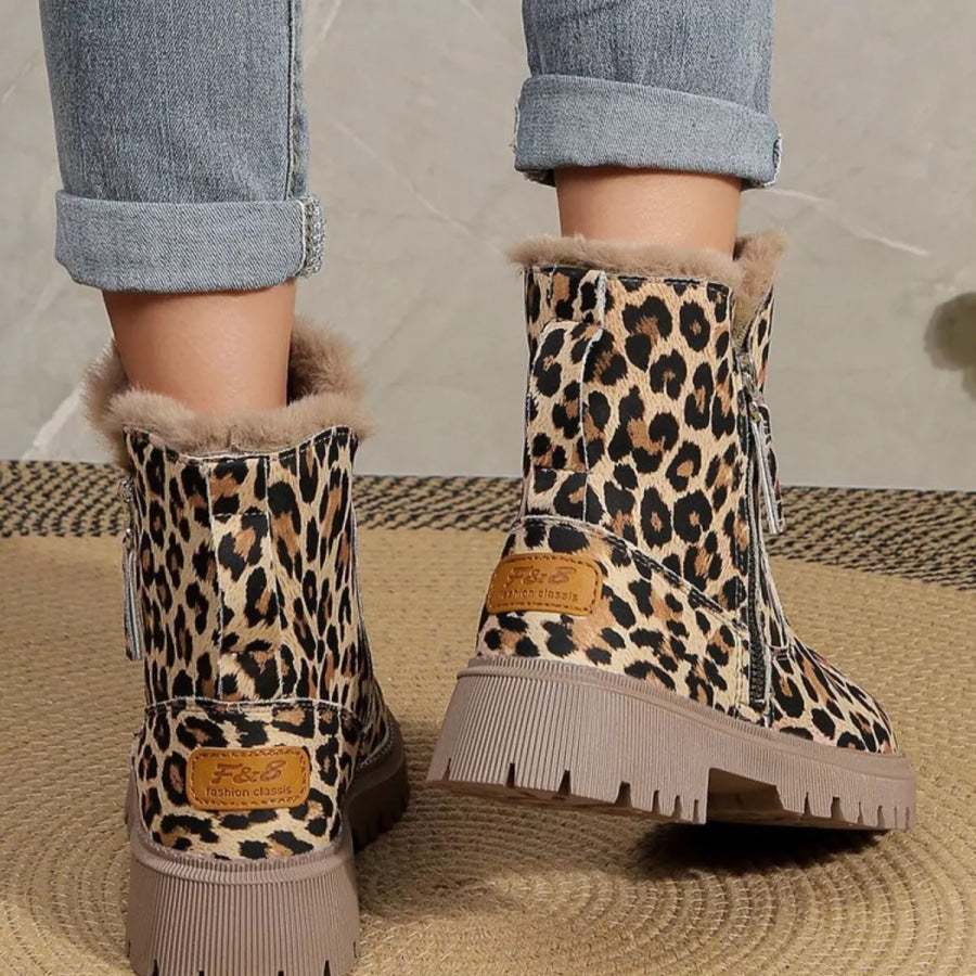 Leopard Print Fur Lined Ankle Boots Apparel and Accessories