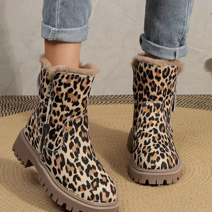 Leopard Print Fur Lined Ankle Boots Apparel and Accessories